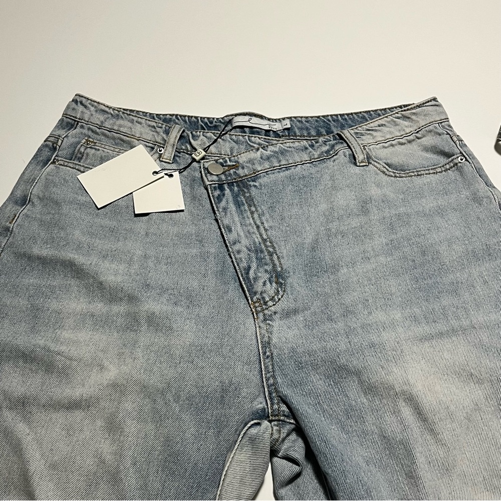By Egreis Archie Jean Women Large Blue Denim Wide Leg High Waist Crisscross NEW - Picture 6 of 15